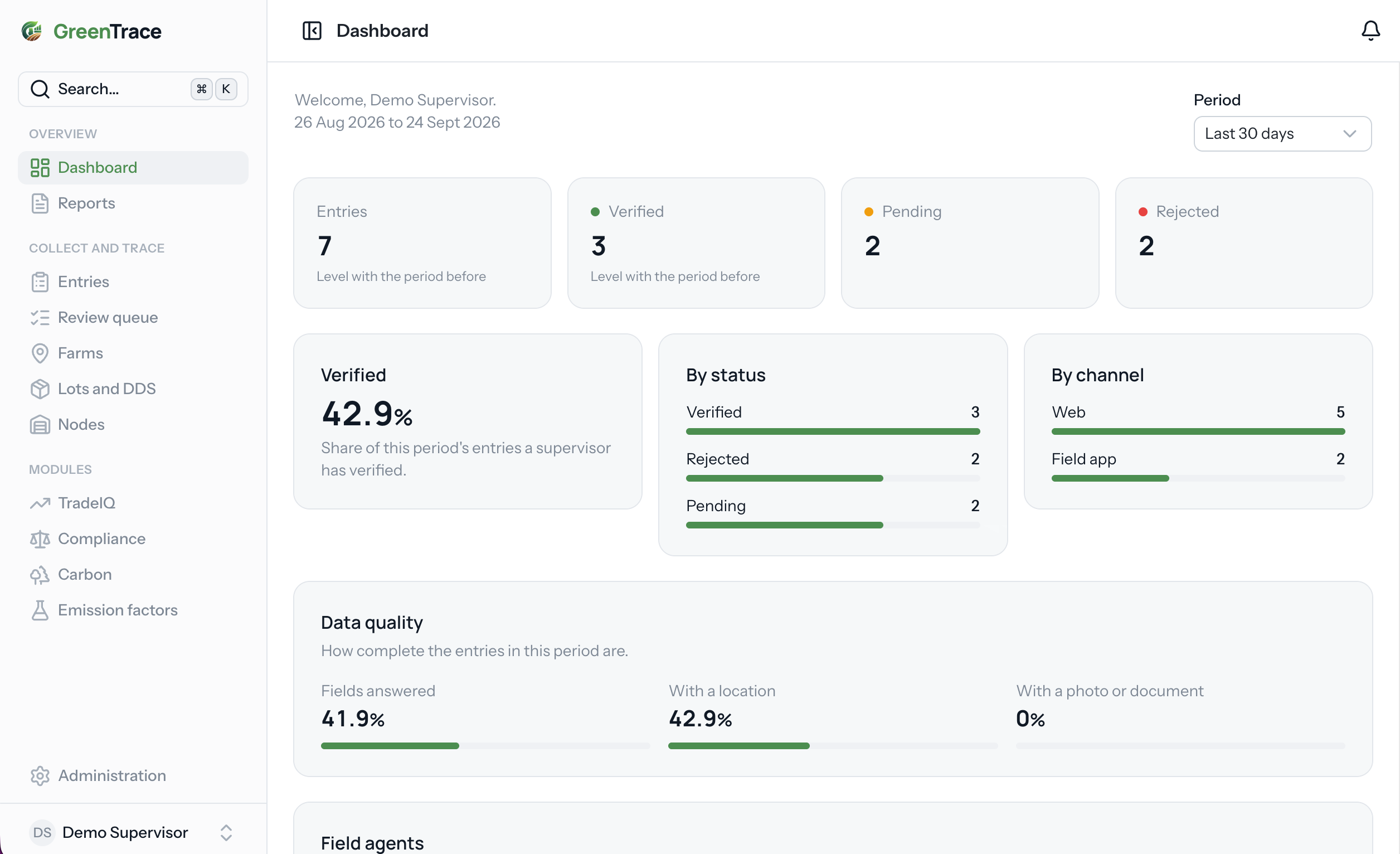 GreenTrace web dashboard showing entries, verification status and data quality