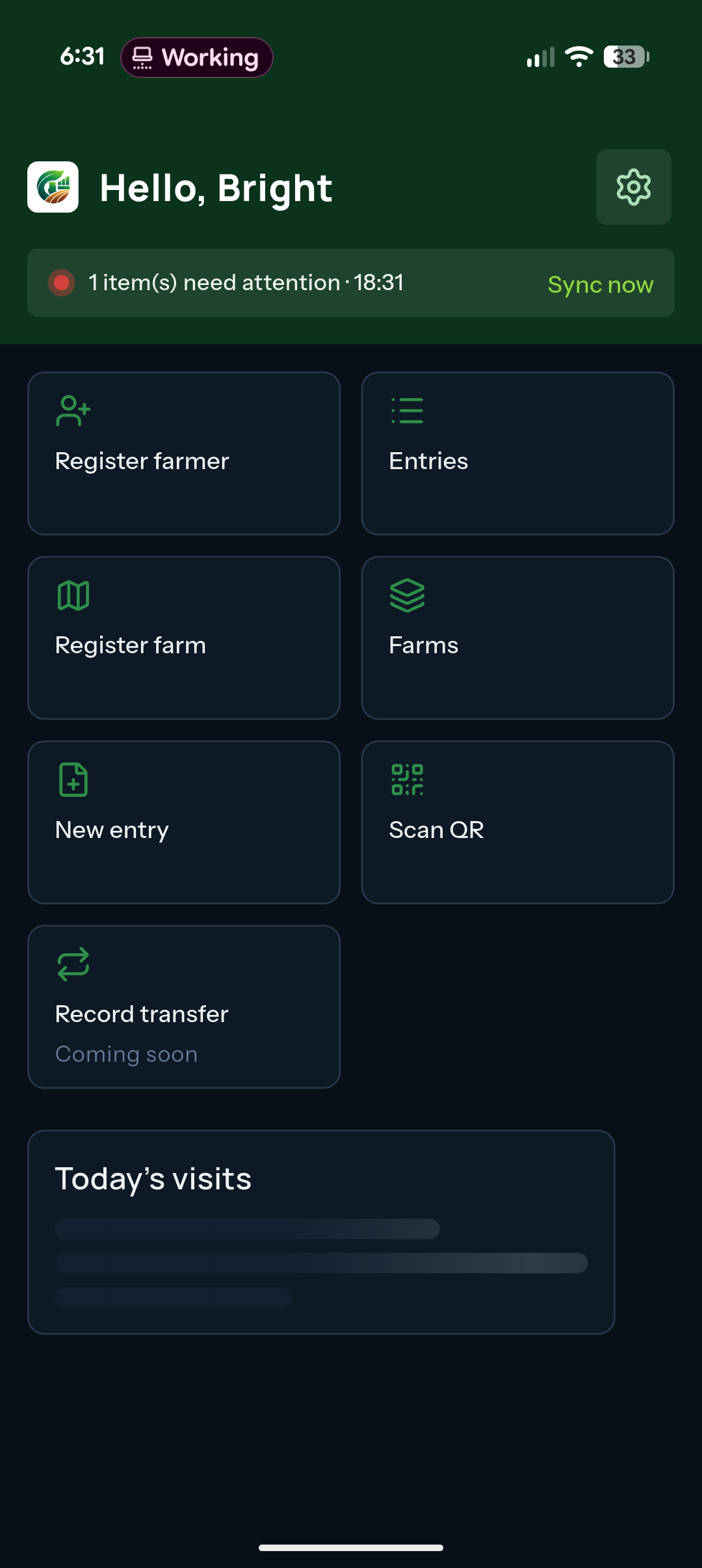GreenTrace mobile home screen for registering farmers, farms and entries