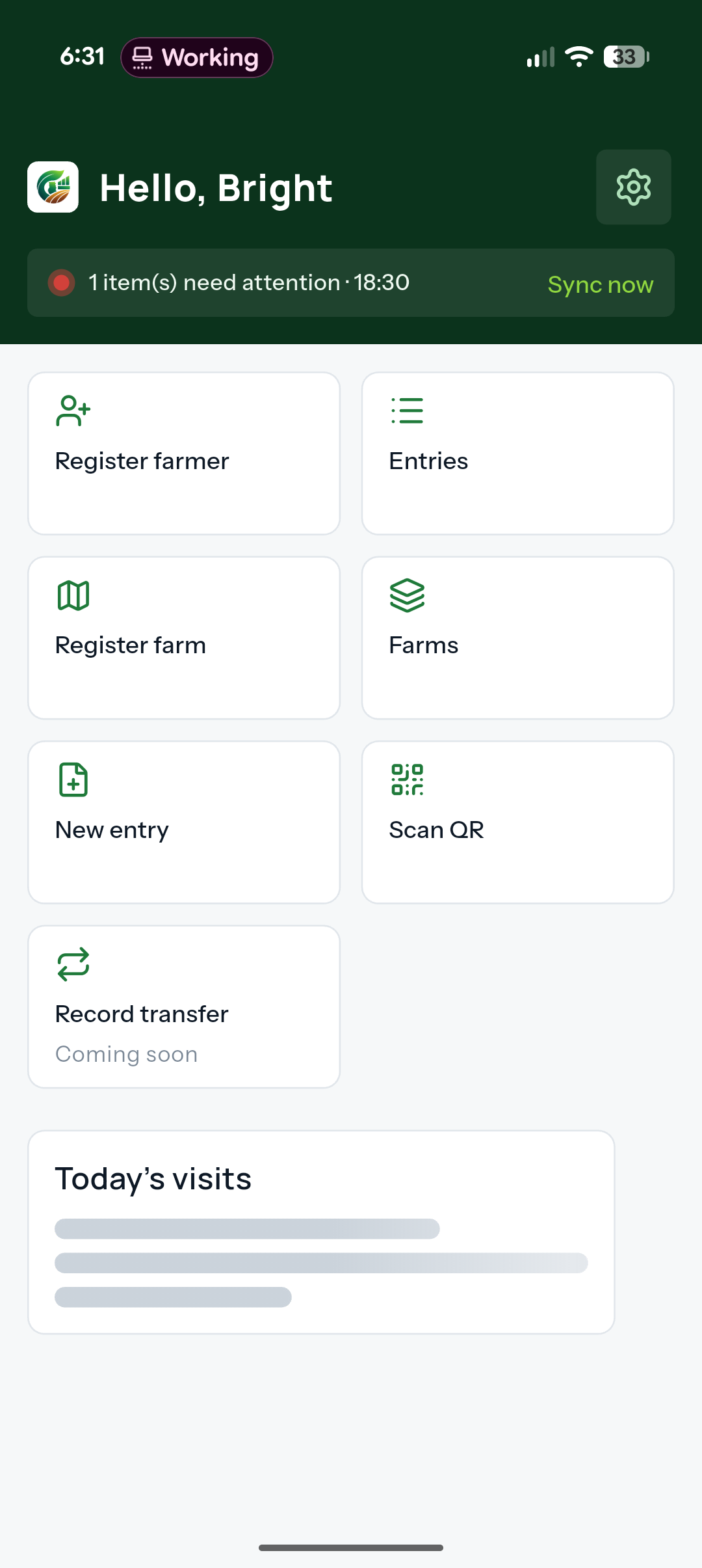 Light mode field app home screen with farm and entry actions
